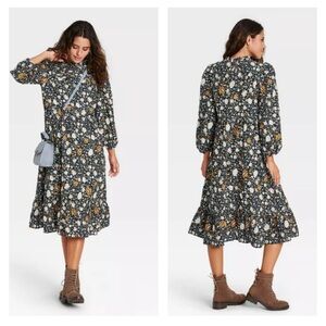 Floral Black and White Midi Dress